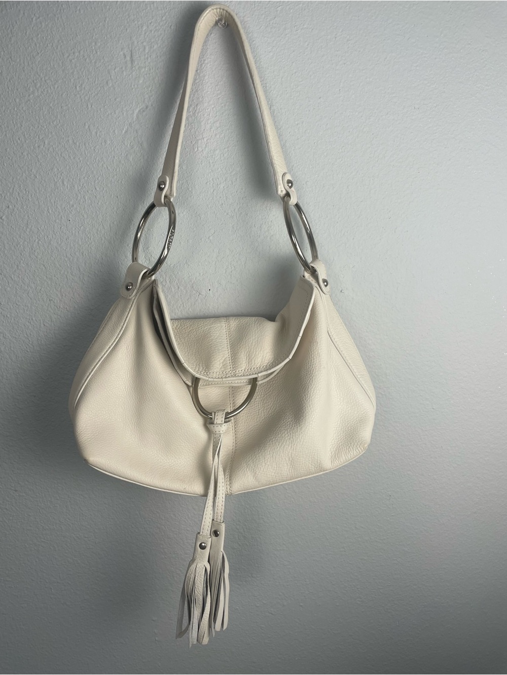 Alfani Genuine Learher Ivory Hobo Shoulder Bag Tassel Silver Ring